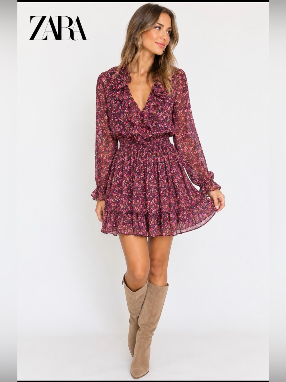 ZARA Women’s Small Burgundy Pink Floral Ruffle Smocked Waist Mini Dress